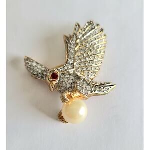 AD2001 Vintage Eagle Brooch Pave Rhinestones Pearl USA Ann Hand